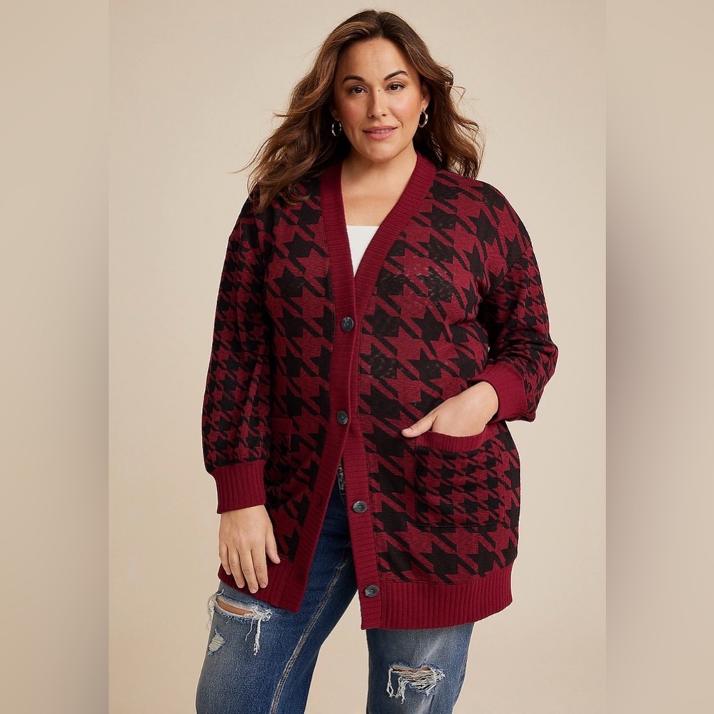 Maurices 0X Red Houndstooth Mixer Cardigan